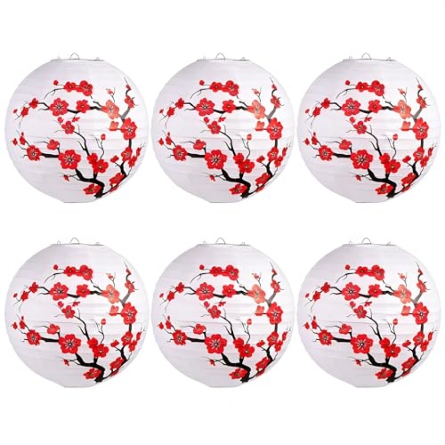 Japanese Lantern Paper - 6パック中国の新年の装飾品紙提灯日本の装飾的な吊り下げ式丸型提灯桜白ランプf