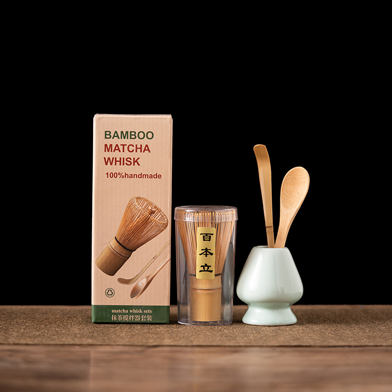 Bamboo Whisk Chasen - 4個入り竹製抹茶泡立て器セット 百本爪茶筅 茶筅スタンド 抹茶ミキサー 撹拌ブラシ 伝統的な日本茶道具