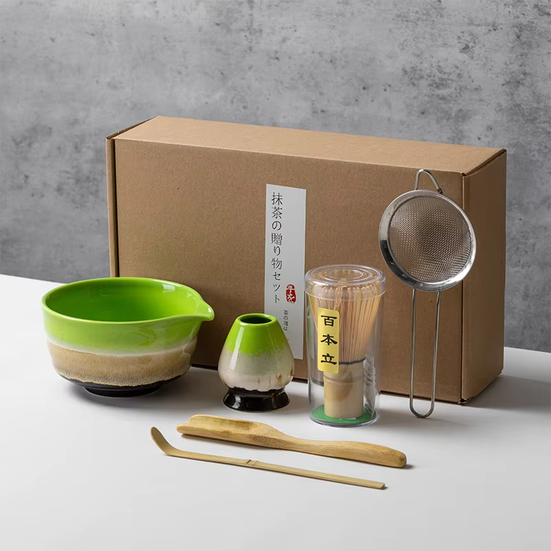 Bamboo Whisk Chasen - 和風抹茶セット、竹泡立て器、セラミックボウルスクープ、伝統的な屋内手作りお茶作りツール、1セットあたり4個、1セットあたり5個